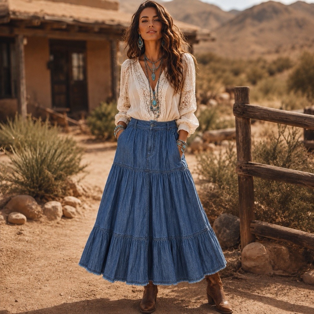 Pilcro Anthropologie Tiered Denim Maxi Broomstick Skirt Womens S Western Boho - Picture 1 of 8